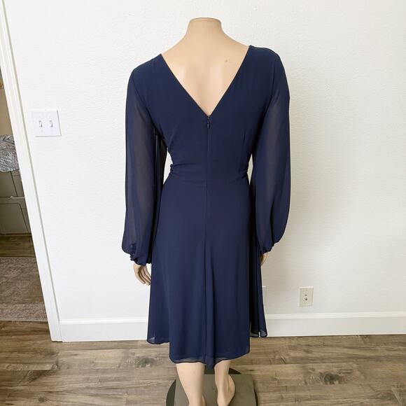 [Marina] Navy Blue Chiffon V-Neck Faux Wrap Brooch Balloon Sleeve Midi Dress 12 - Picture 2 of 11